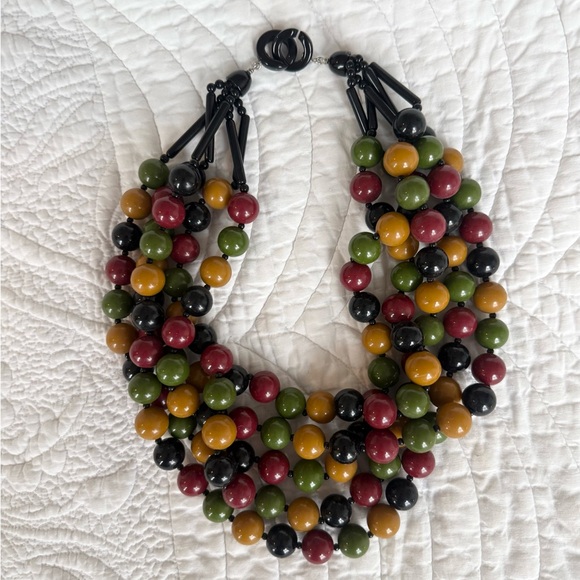 Vintage Angela Caputi - Multistrand Necklace in Olive Mustard Burgundy Black